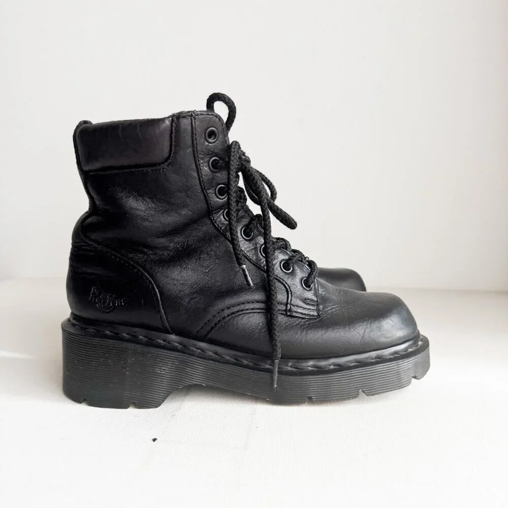 Doc Martens 8 Hole Super Chunky Black Leather Goth Rock Boots Square Toe  7 - Picture 1 of 7